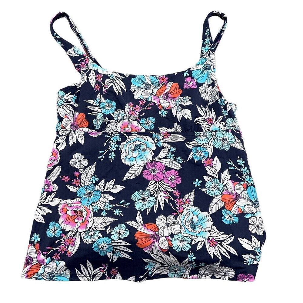 Lands End Tankini Top Women 10 Blue White Floral‎ Underwire Bra Tank Pleat 1pc